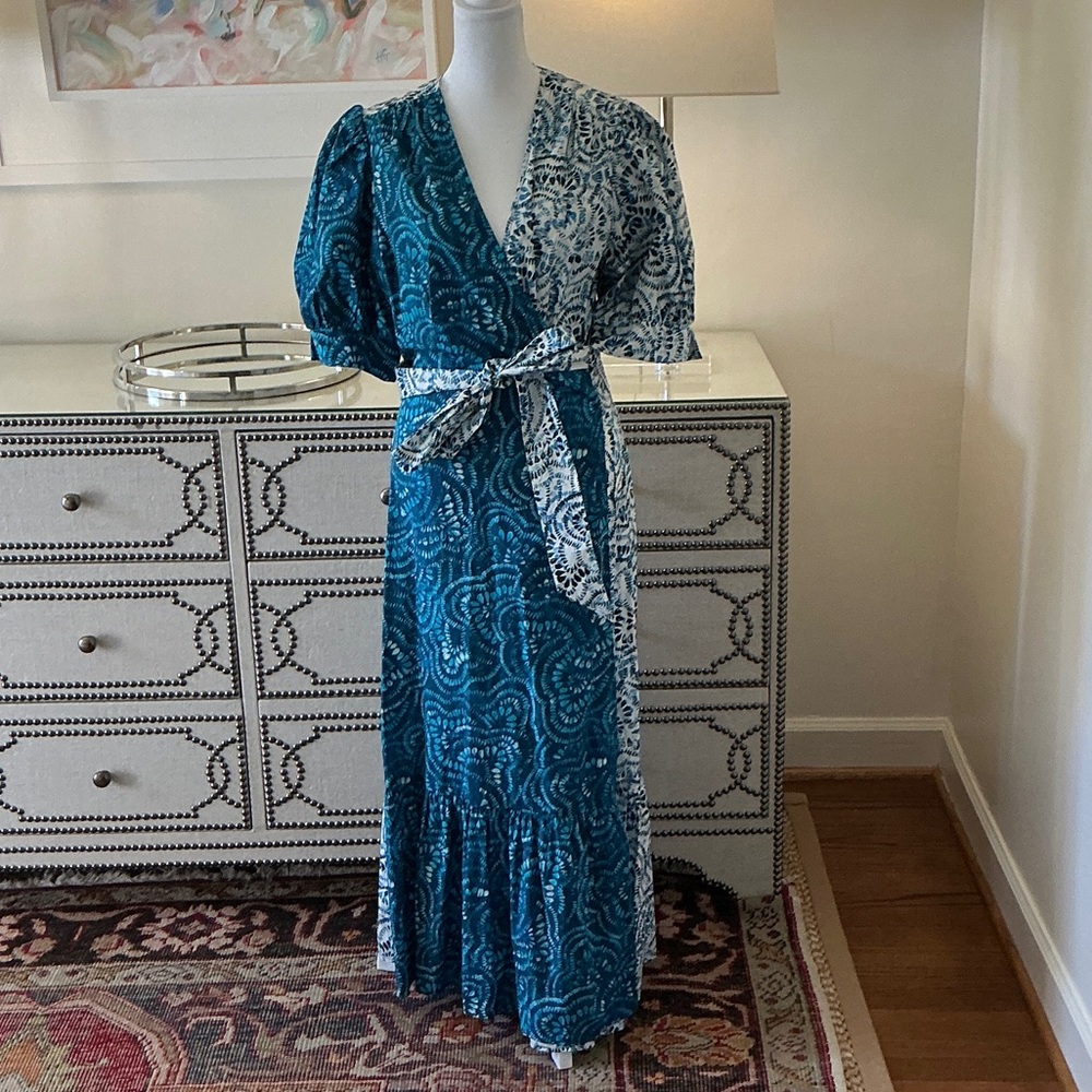 Marie Oliver Teal and White Wrap Dress